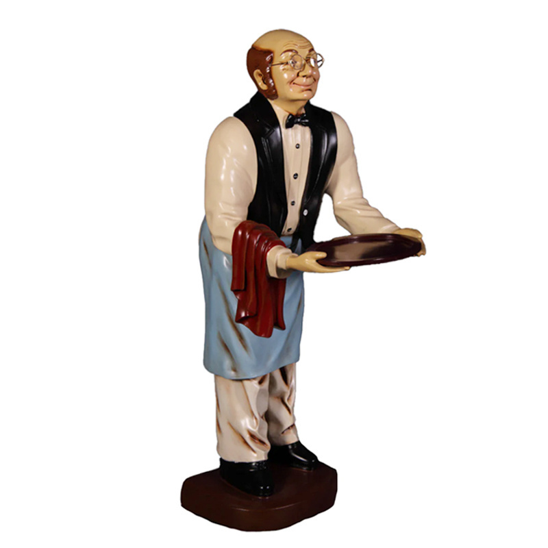 Ornamental waiter butler old man statue with tray, prop restaurant decor, resin life size butler statues