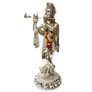 Decorative handmade religious god electroplating brass silver color idol figurine resin lord radha krishna statue