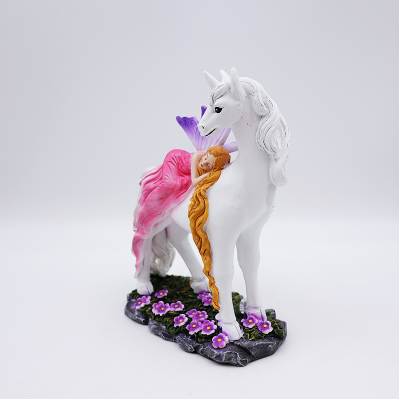 OEM home garden decor handmade miniature 3d figure statue custom resin craft mystical fairy and white unicorn figurines