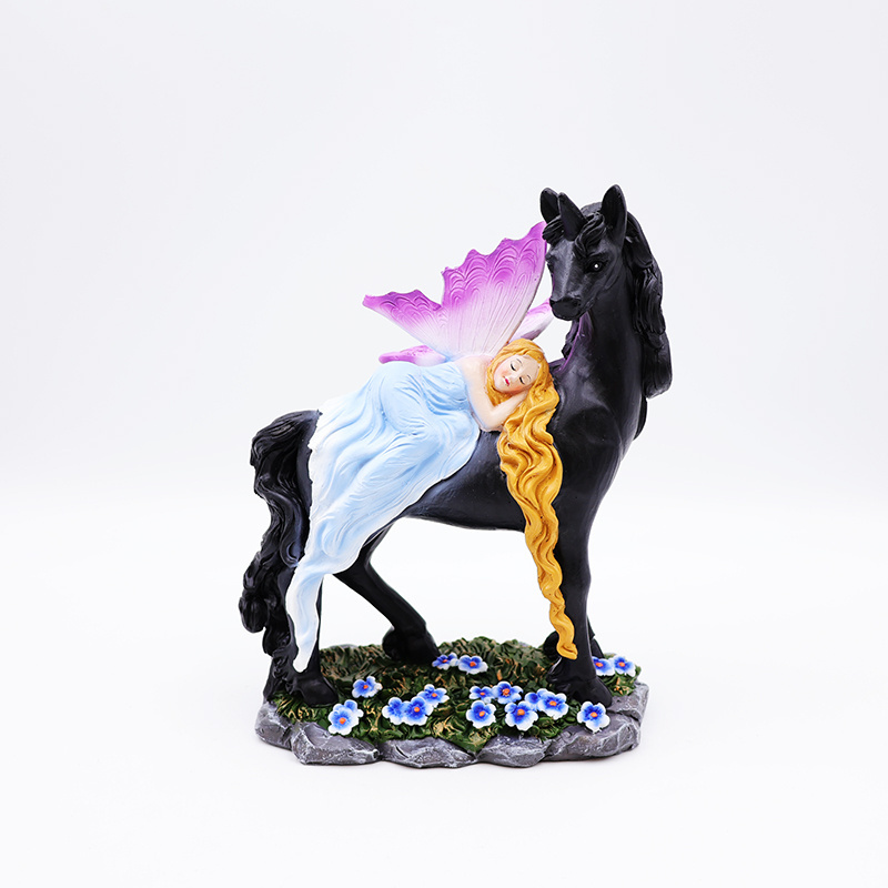 OEM home garden decor miniature 3d figure statue custom resin craft beautiful mystical fairy and black unicorn figurines