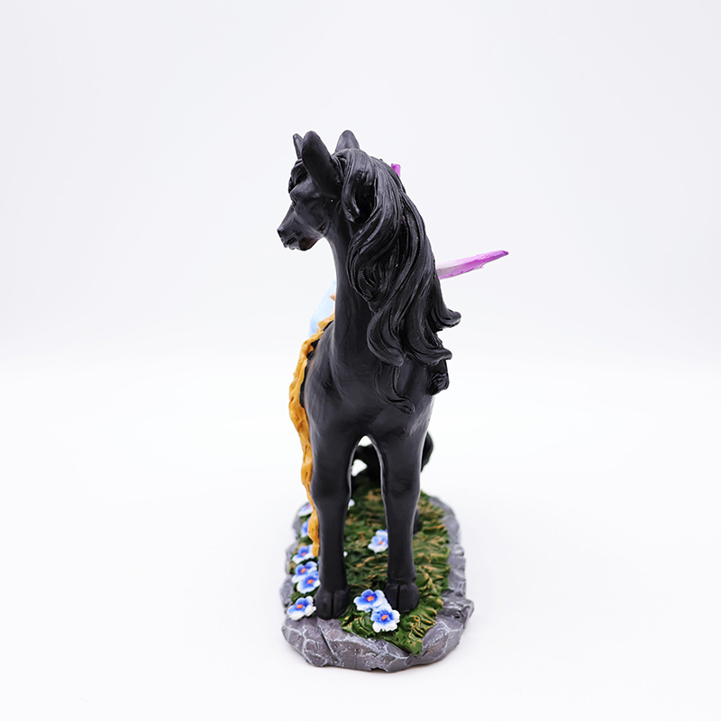 OEM home garden decor miniature 3d figure statue custom resin craft beautiful mystical fairy and black unicorn figurines