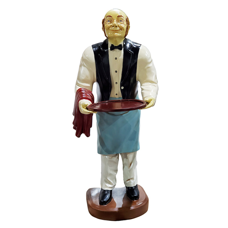 Ornamental waiter butler old man statue with tray, prop restaurant decor, resin life size butler statues