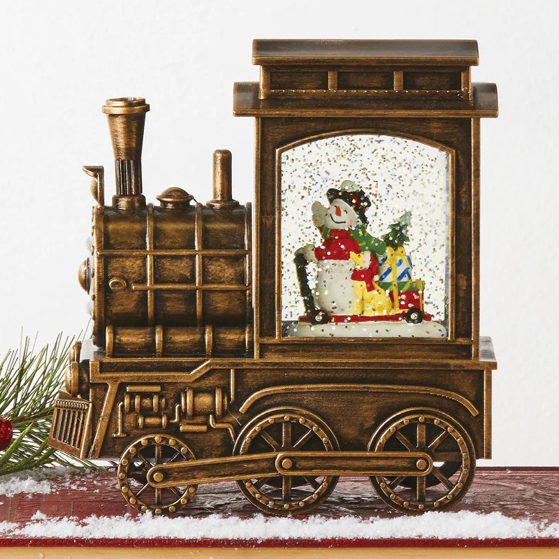 OEM Custom Hot Sale Christmas Walnut Brown Train and Santa Toys Model Snowball Home Decor Resin Water Globe Christmas Snow Globe