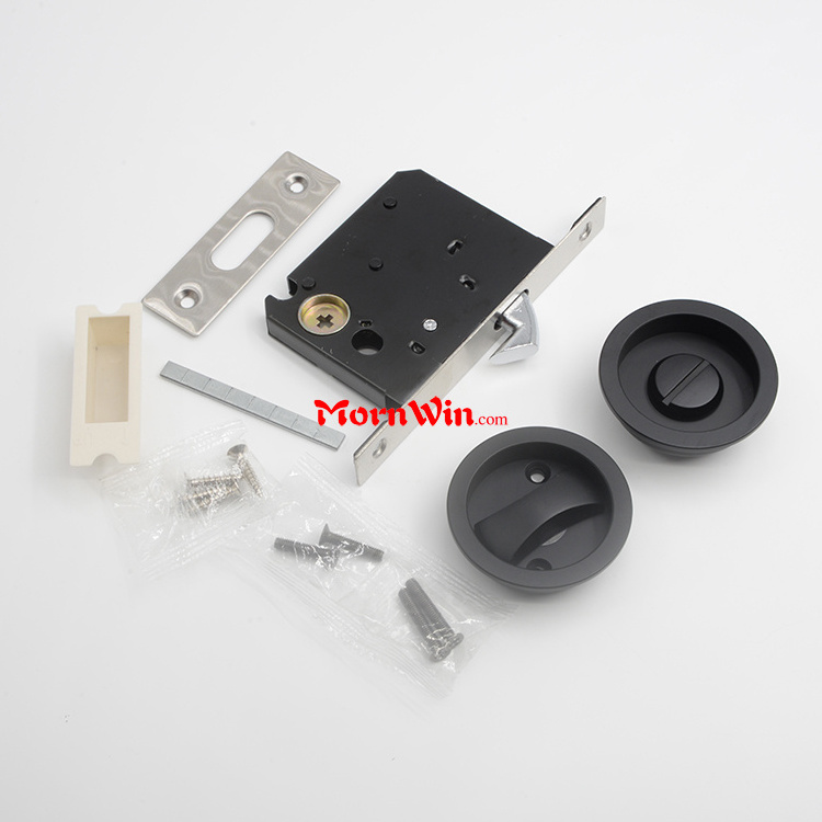 Factory sliding hidden Concealed Recessed flush invisible round satin nickel hook latch privacy pocket door handle lock