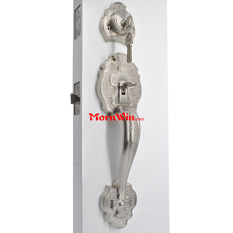 Outdoor Luxury European style wooden double sided door handle lock sets with zinc alloy grip handle For Villa Gate door