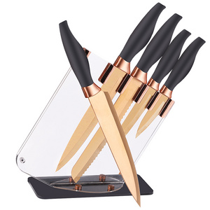 Acrylic Block 6 PCS Stainless Steel Black Non Stick Coating Knives Kitchen Set Rose Gold Knife Sets Titanium