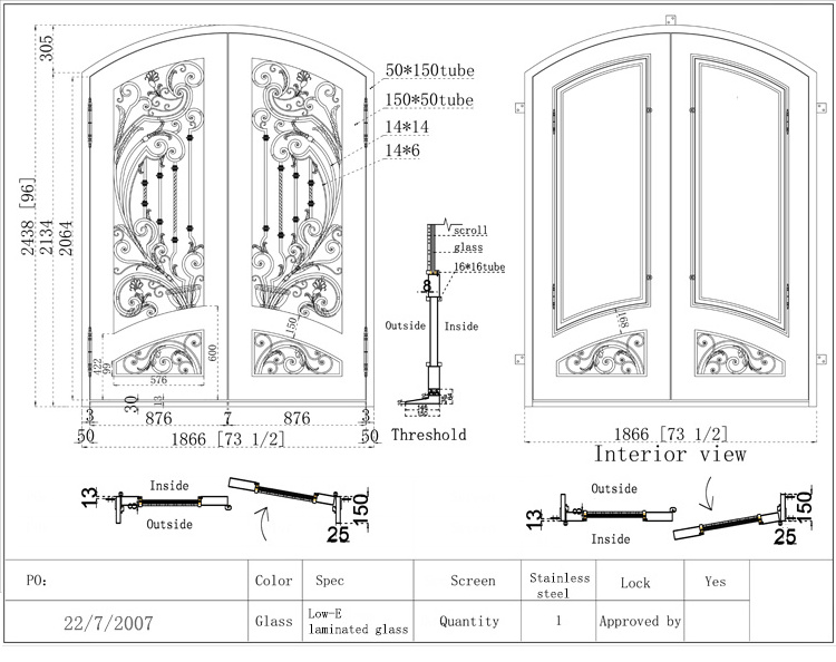 Cheap Price Exterior Simple Grill Design Double Glass Main Entrance Wrought Iron Front Doors