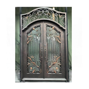 Cheap Price Exterior Simple Grill Design Double Glass Main Entrance Wrought Iron Front Doors