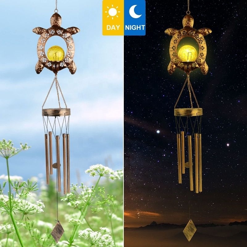 MorSun Outdoor Clearance Deep Tone Sea Turtle Solar Wind Chimes Light with Crackle Glass Ball