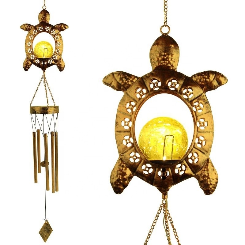 MorSun Outdoor Clearance Deep Tone Sea Turtle Solar Wind Chimes Light with Crackle Glass Ball