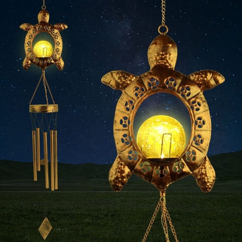 MorSun Outdoor Clearance Deep Tone Sea Turtle Solar Wind Chimes Light with Crackle Glass Ball