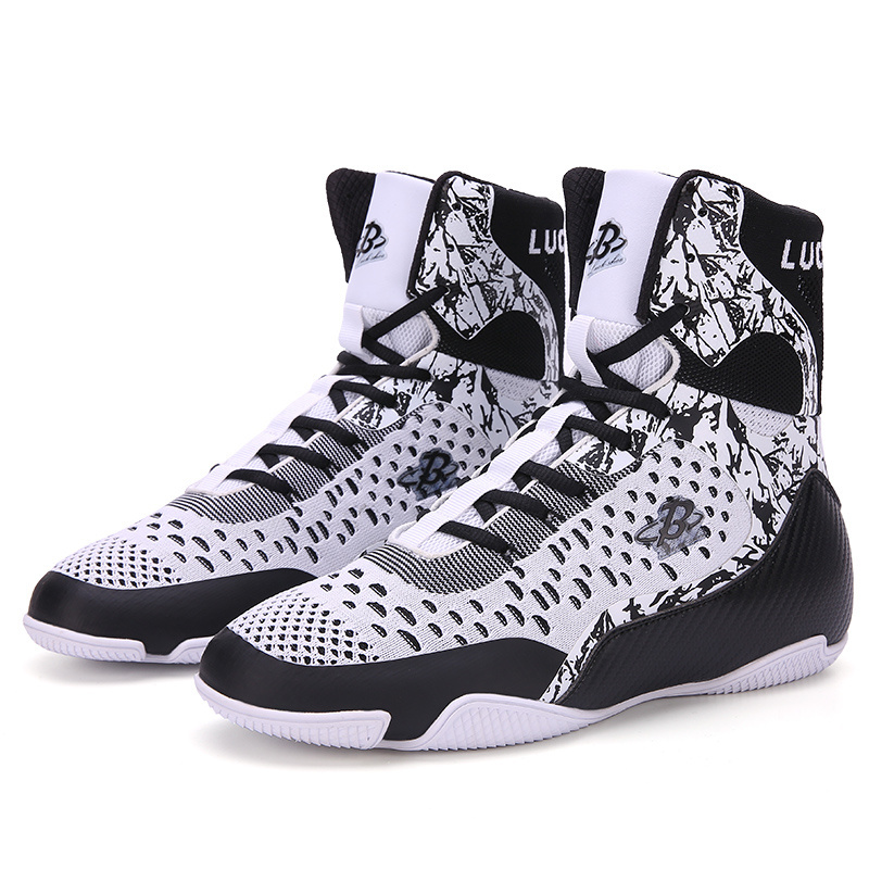 B LUCK SHOE Hi-top Wrestling Shoes Mens Women Boxing Shoes Martial Arts Equipment Black and White Boxing Boots for Workout