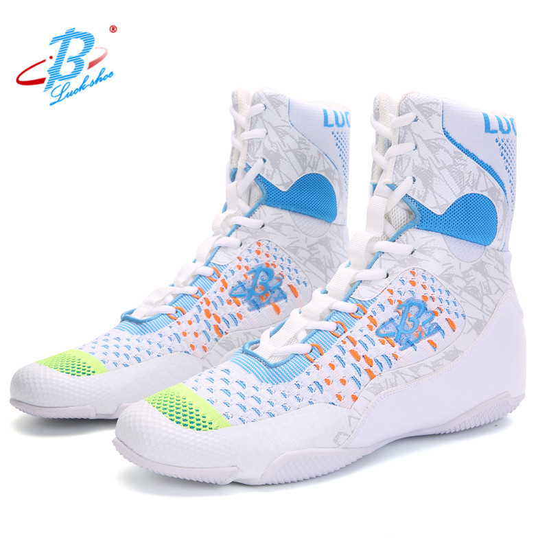 B LUCK SHOE Hi-top Wrestling Shoes Mens Women Boxing Shoes Martial Arts Equipment Black and White Boxing Boots for Workout