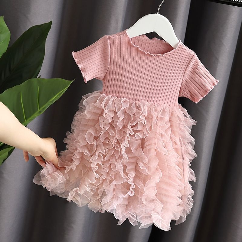 2023 New Little Baby Toddler Girl Pink Gray Solid Ruffle Tulle Patchwork Short Sleeved Dress 1-6 Years