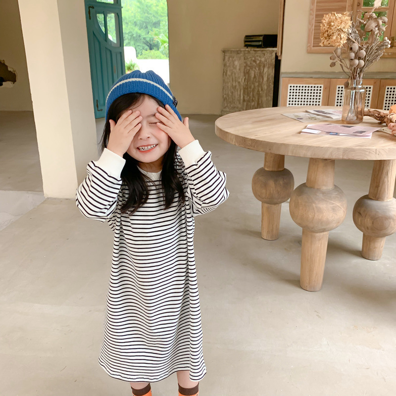 2023 New Spring Baby to Toddler Girl Long Sleeved Striped Casual Dress Blue Striped Black Striped 1-6 Years