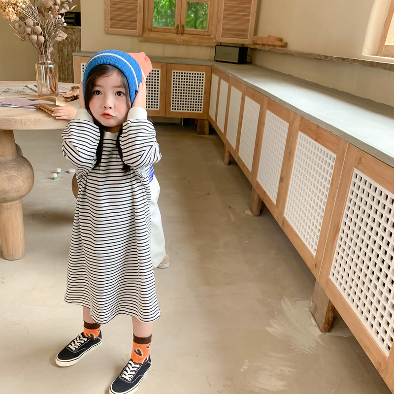 2023 New Spring Baby to Toddler Girl Long Sleeved Striped Casual Dress Blue Striped Black Striped 1-6 Years