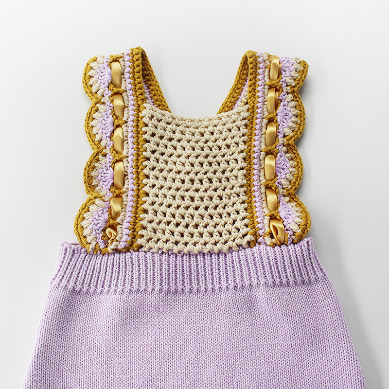 Hand Crochet Baby Purple and Beige Flare Belt Romper Knitted Baby Cute Bodysuit Princess Baby Sunsuit Infant Toddler Clothes