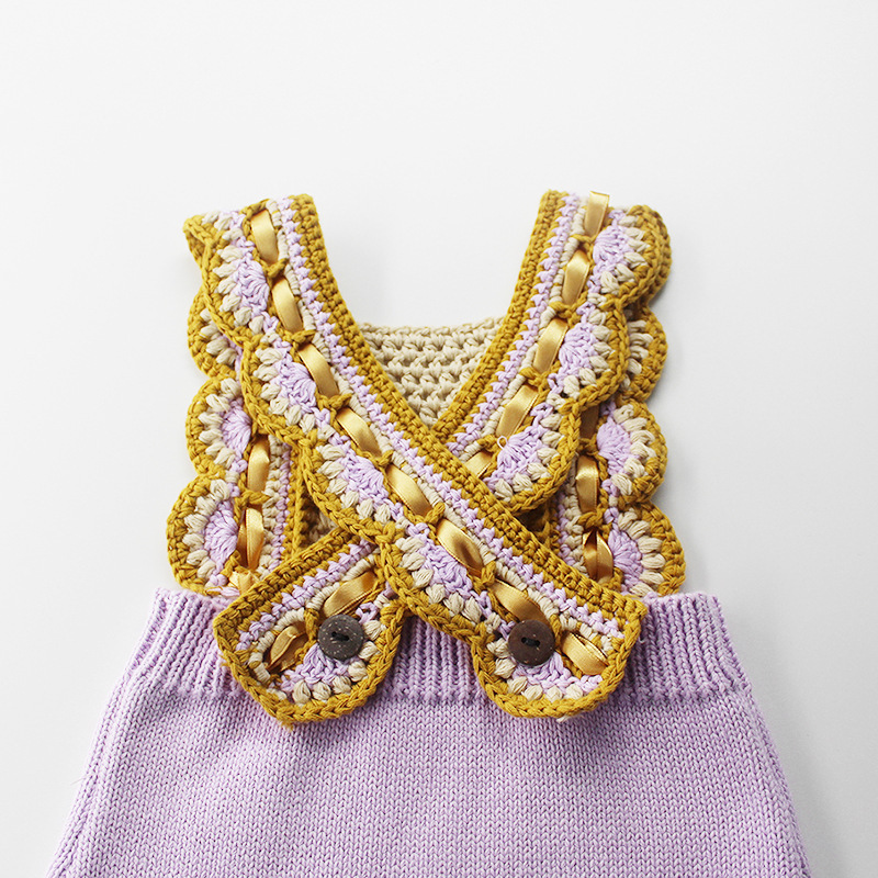 Hand Crochet Baby Purple and Beige Flare Belt Romper Knitted Baby Cute Bodysuit Princess Baby Sunsuit Infant Toddler Clothes