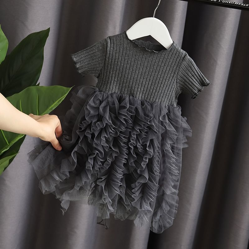 2023 New Little Baby Toddler Girl Pink Gray Solid Ruffle Tulle Patchwork Short Sleeved Dress 1-6 Years