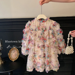 2023 New Fall Toddler Girl Long Sleeved Floral Print Ruffle Tulle Dresses 2-7 Years