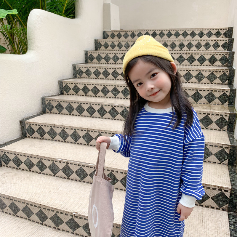 2023 New Spring Baby to Toddler Girl Long Sleeved Striped Casual Dress Blue Striped Black Striped 1-6 Years