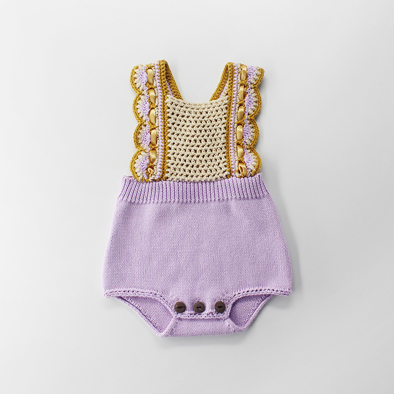 Hand Crochet Baby Purple and Beige Flare Belt Romper Knitted Baby Cute Bodysuit Princess Baby Sunsuit Infant Toddler Clothes