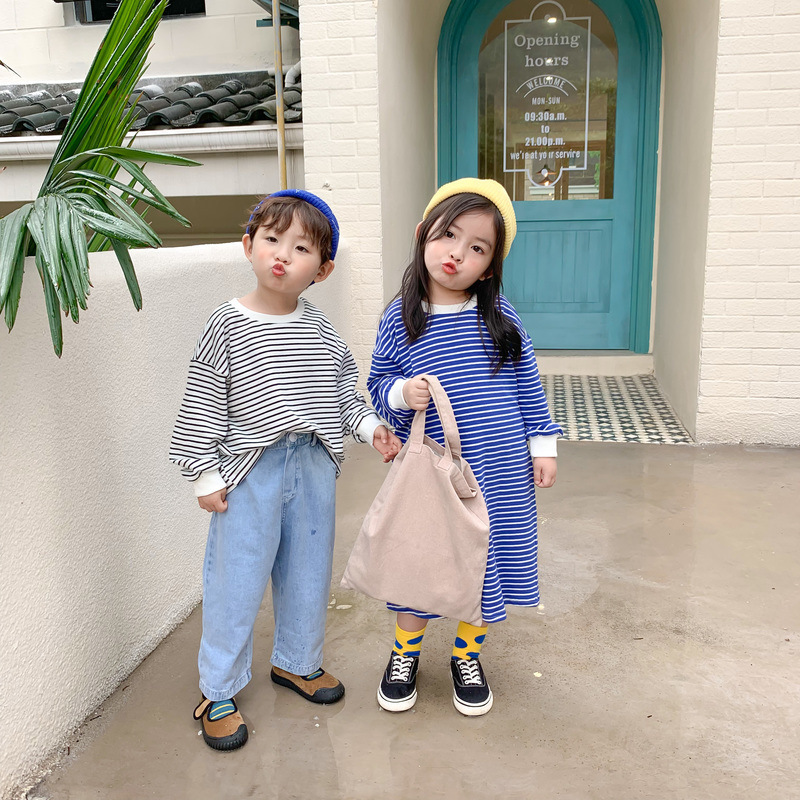 2023 New Spring Baby to Toddler Girl Long Sleeved Striped Casual Dress Blue Striped Black Striped 1-6 Years