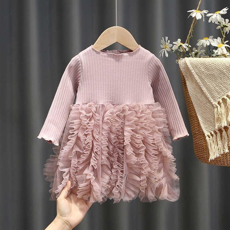 2023 New Little Baby Toddler Girl Pink Gray Solid Ruffle Tulle Patchwork Short Sleeved Dress 1-6 Years