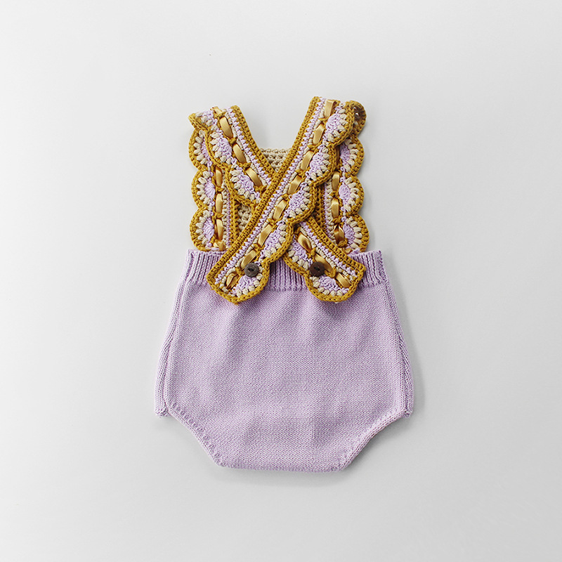 Hand Crochet Baby Purple and Beige Flare Belt Romper Knitted Baby Cute Bodysuit Princess Baby Sunsuit Infant Toddler Clothes