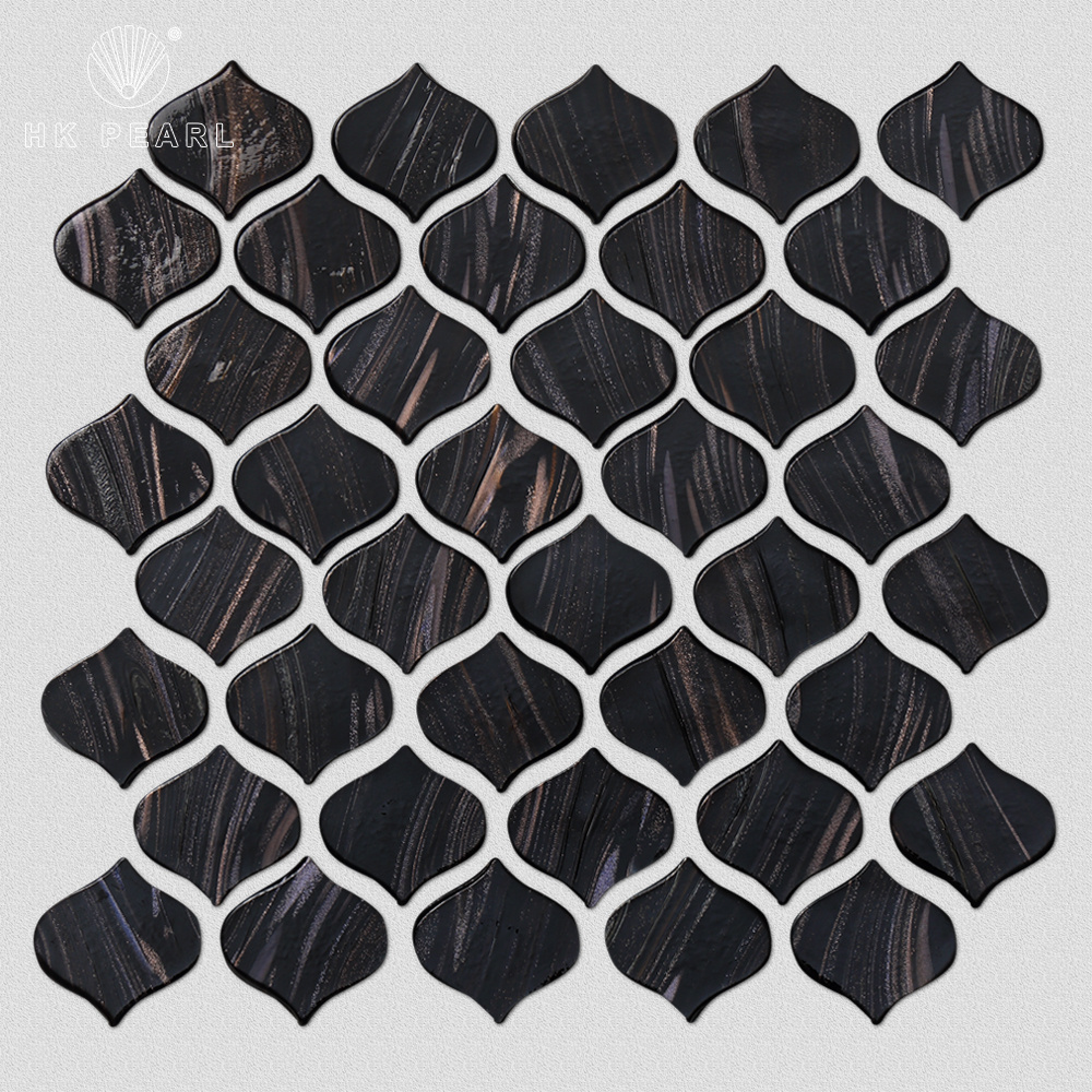 Irregular Shape Black Gold Lines Sheet Arabesque Tiles Glass Mosaic Bathroom Wall Tile