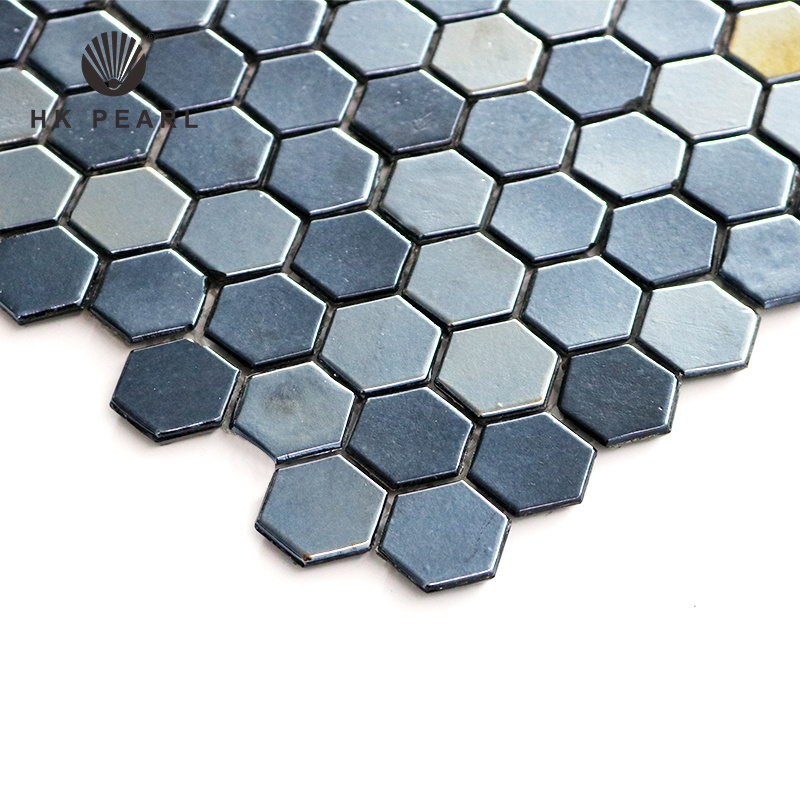 Trending Kitchen Wall Glass Tile Black Iridescent Hexagon Rhombus Mosaic glass mosaic backsplash Rom