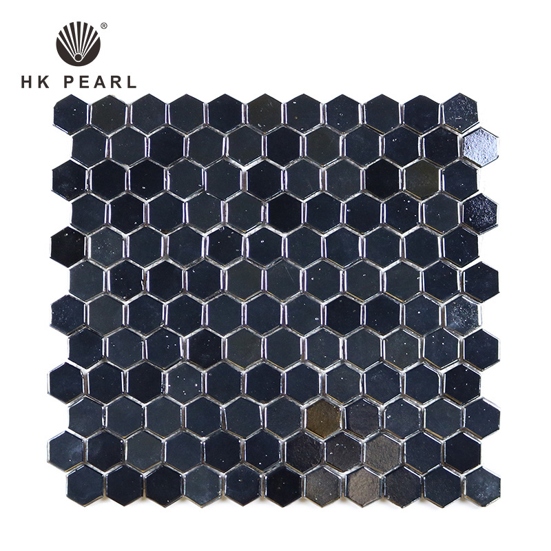 Trending Kitchen Wall Glass Tile Black Iridescent Hexagon Rhombus Mosaic glass mosaic backsplash Rom