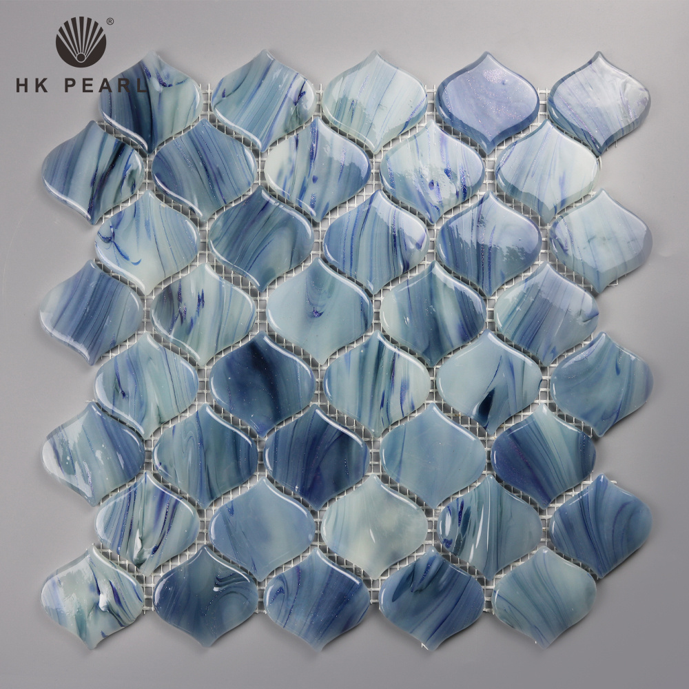 Arabesque Shape Blue Mosaic Glass Glossy Round Edge Tile Peel Stick Mosaic Wall Tiles