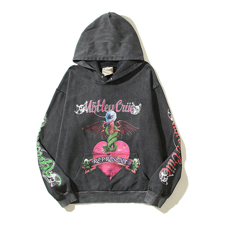 100% Cotton Rocker Custom Pink Skeleton Printed Oversized Washed Hoodies Unisex Streetwear Pullover Hooded Clothing