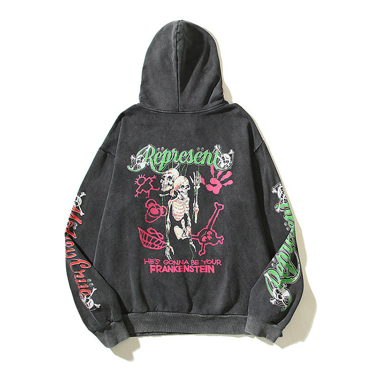 100% Cotton Rocker Custom Pink Skeleton Printed Oversized Washed Hoodies Unisex Streetwear Pullover Hooded Clothing