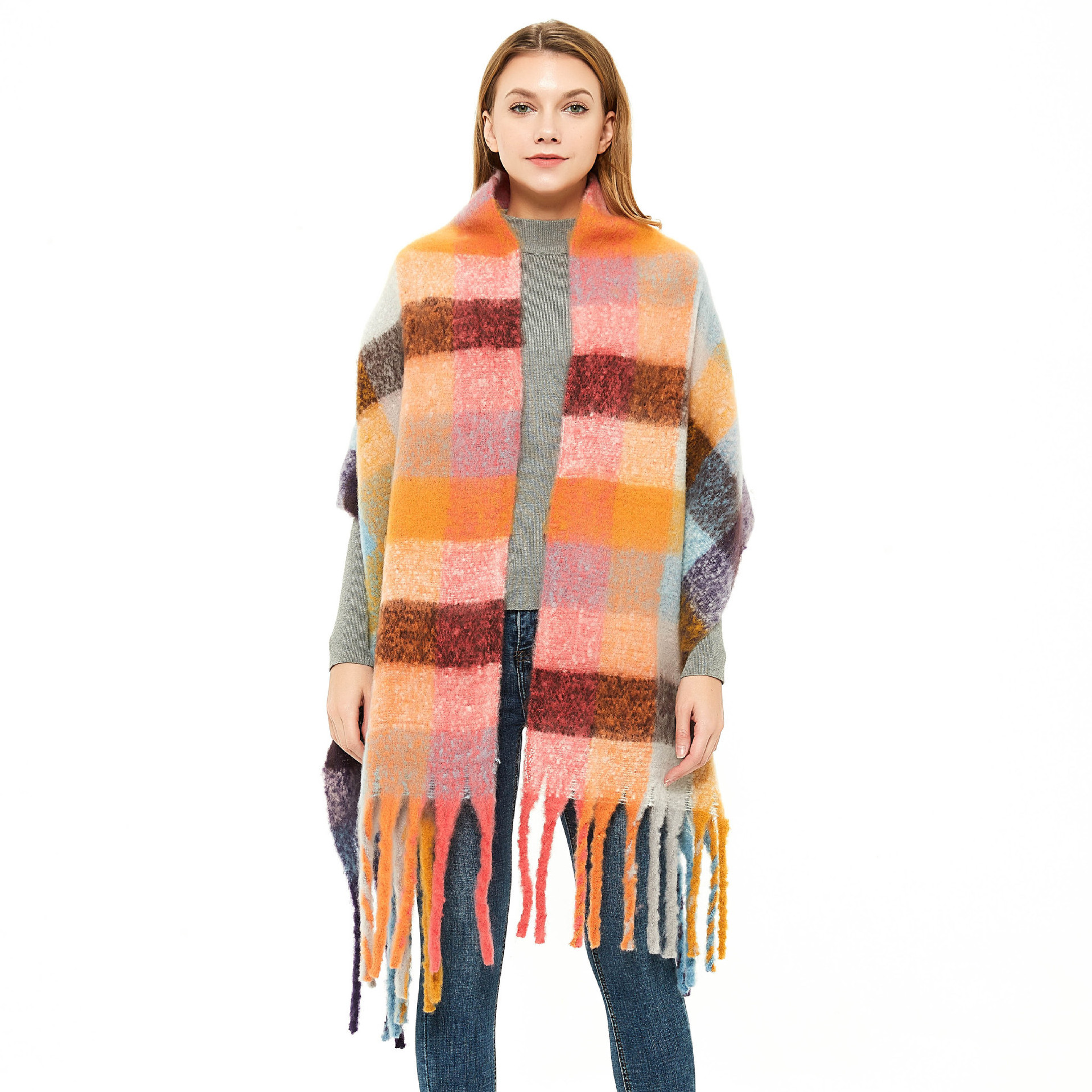 Fashion Lady Warm Long Pure Color Shawl With Tassel  Winter Chunky  Cashmere Scarf For Women