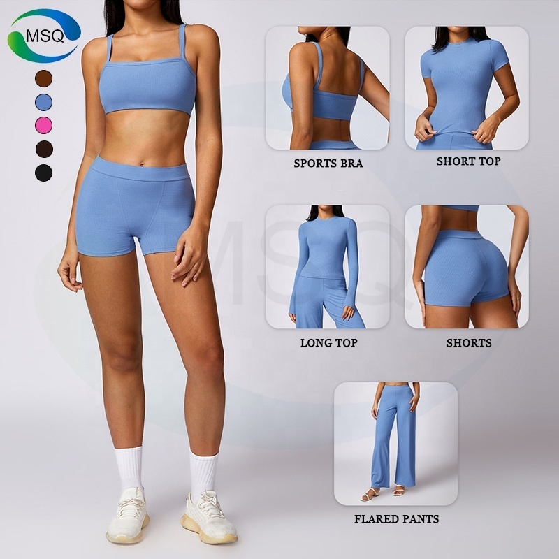 Ribbed Sportswear Women Active Wear Workout Shorts Leggings Long Sleeve T-shirts Yoga Tank Top Gym Fitness Clothes Set For Women