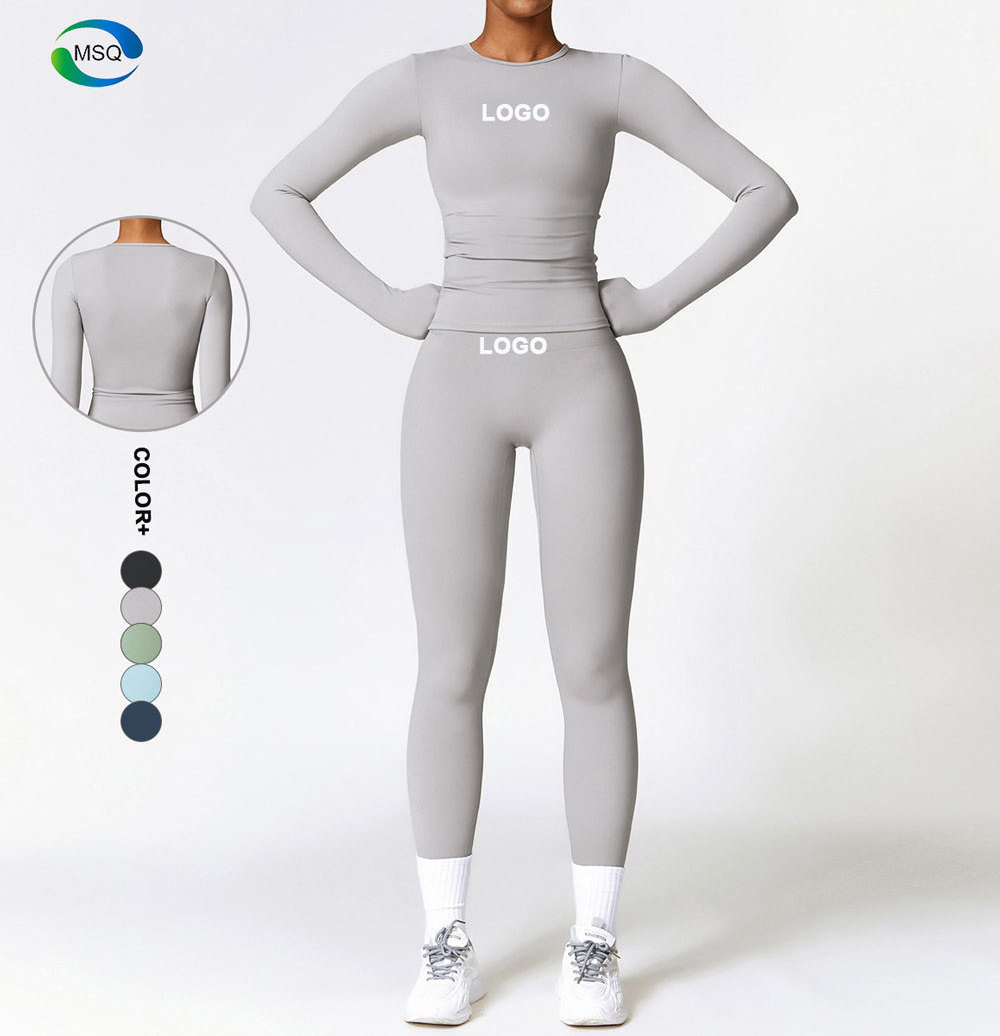 Custom Sportswear Gym Clothes Women Crewneck Tops Fitness Workout Active Leggings Long Sleeve Running Yoga Sets For Women