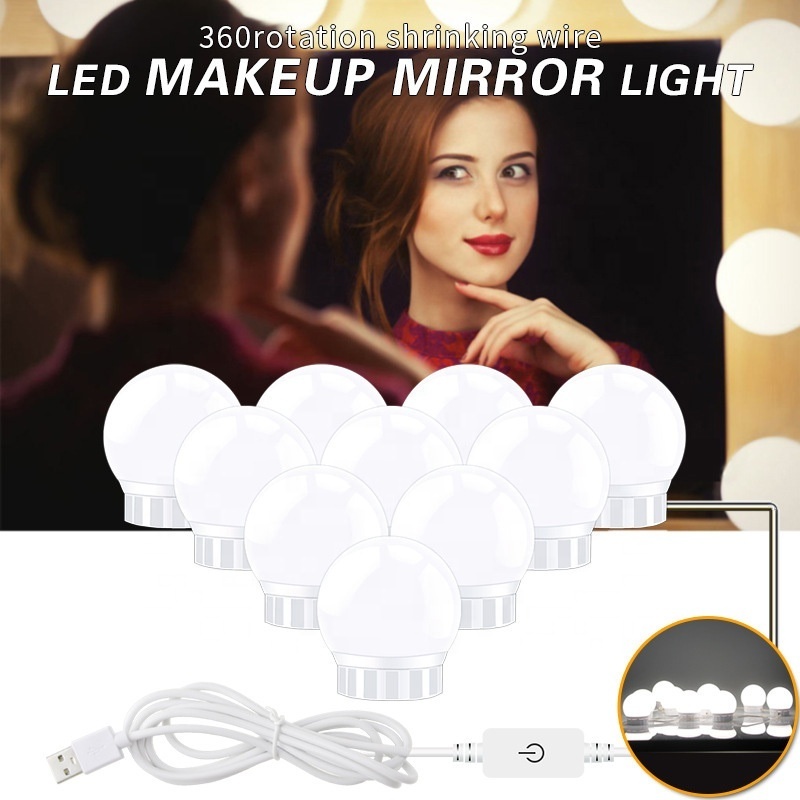 12V Makeup Mirror Vanity LED Light Bulbs Kit USB Charging Port Cosmetic Lighted Make up Mirrors Bulb Mirror Lamps COOL WHITE PC