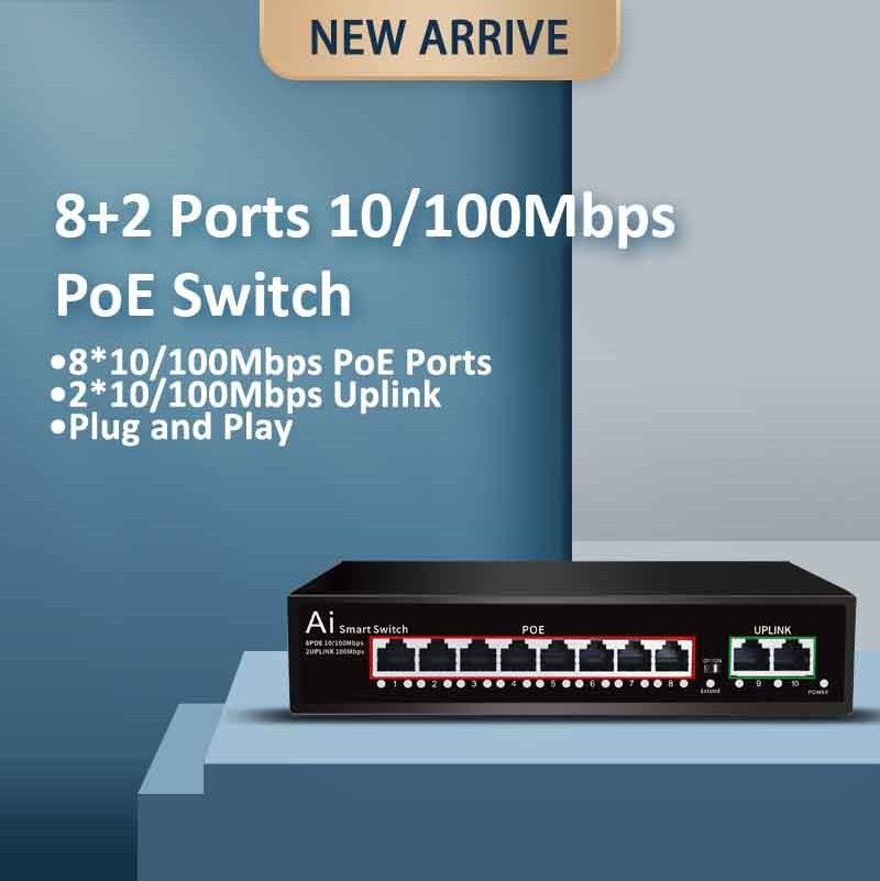 Professional manufacturer 48v poe switch 8 port poe switch 8 poe ports + 2 uplink port unmanaged network switch for cctv