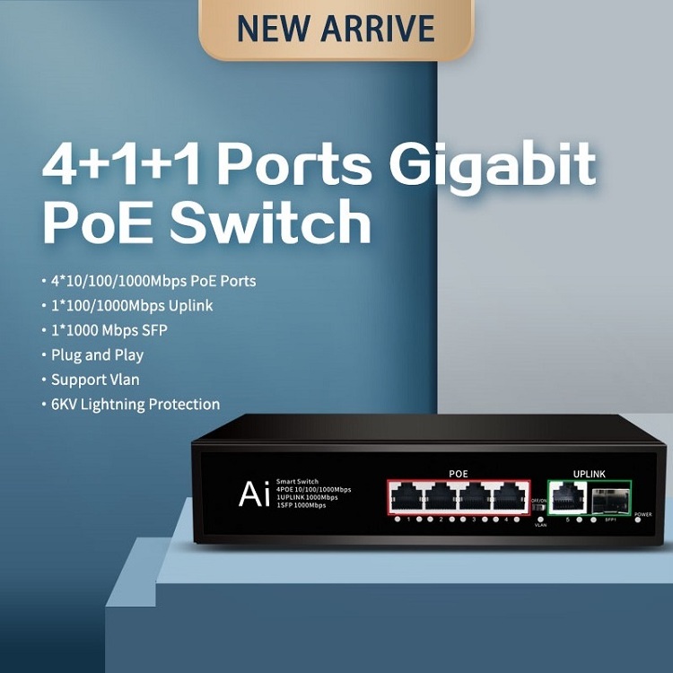 48V gigabit ethernet industrial poe switch 4* 10/100/1000M PoE+1+1Port Uplink Ethernet Network Switch for IP CCTV Camera