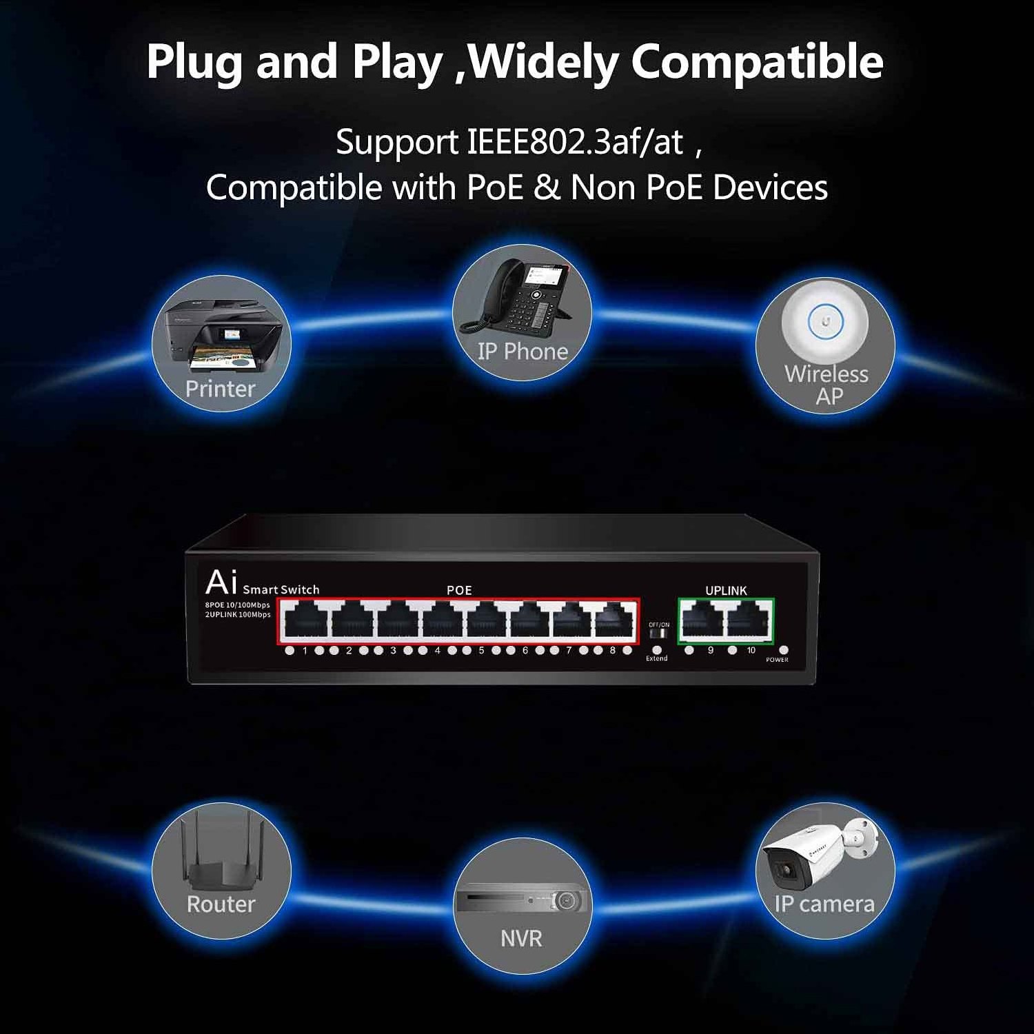 Professional manufacturer 48v poe switch 8 port poe switch 8 poe ports + 2 uplink port unmanaged network switch for cctv