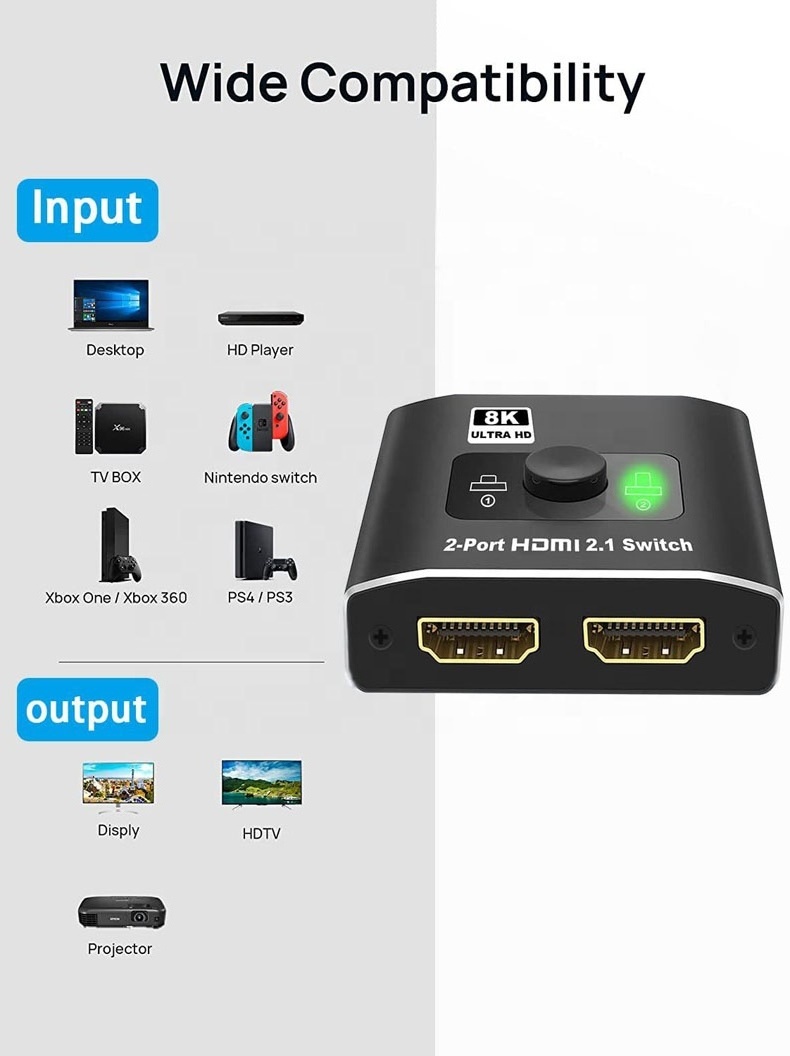 Hot Selling 2 in 1 switcher  2*1 2.1 v 8K60Hz 4K120HZ HDC P2.3 hdmi 2.1 switch 8k