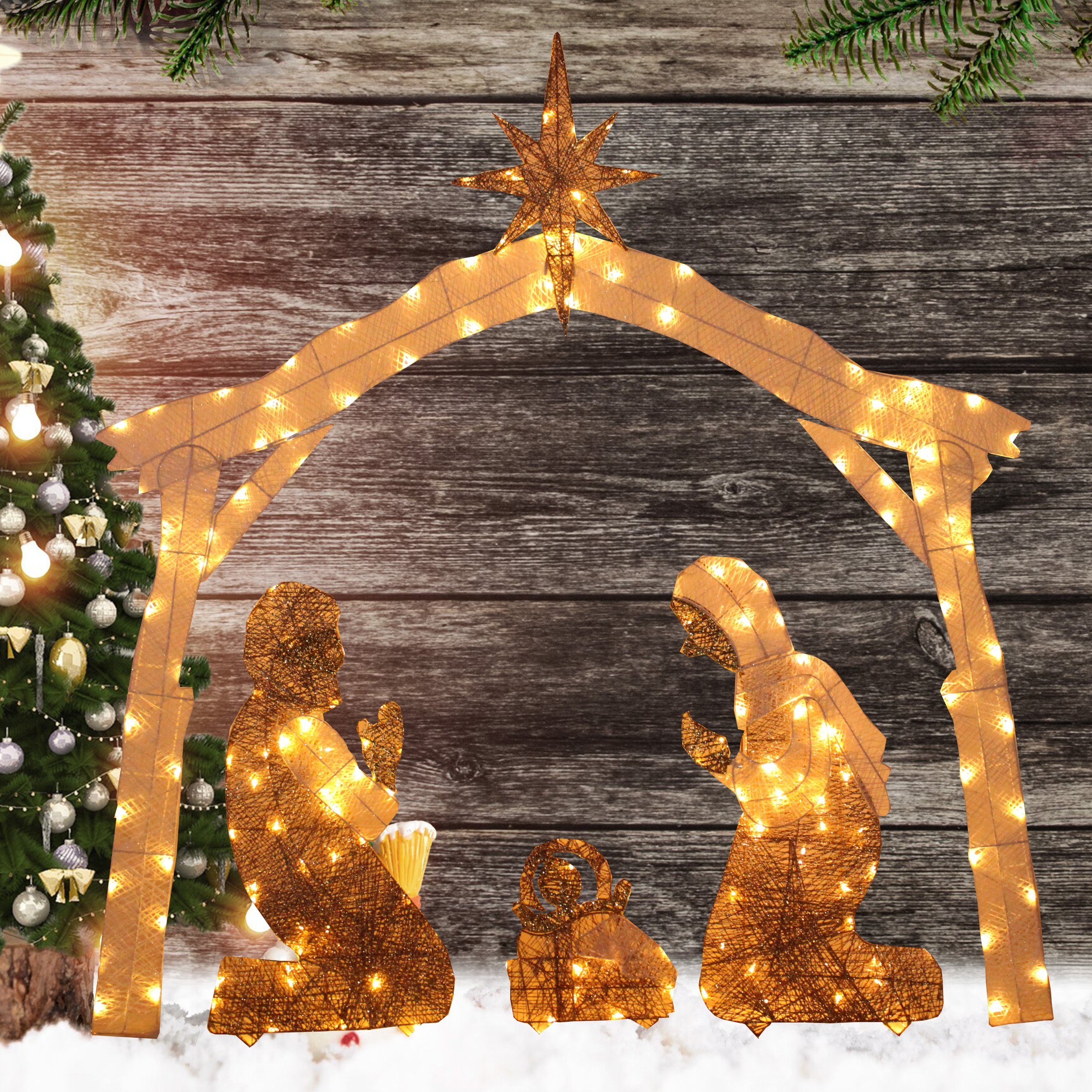 Large Outdoor 2D Lighted Christmas Motif Waterproof Warm White Rope Lights Nativity Scene Silhouette Displays Winter Park Light