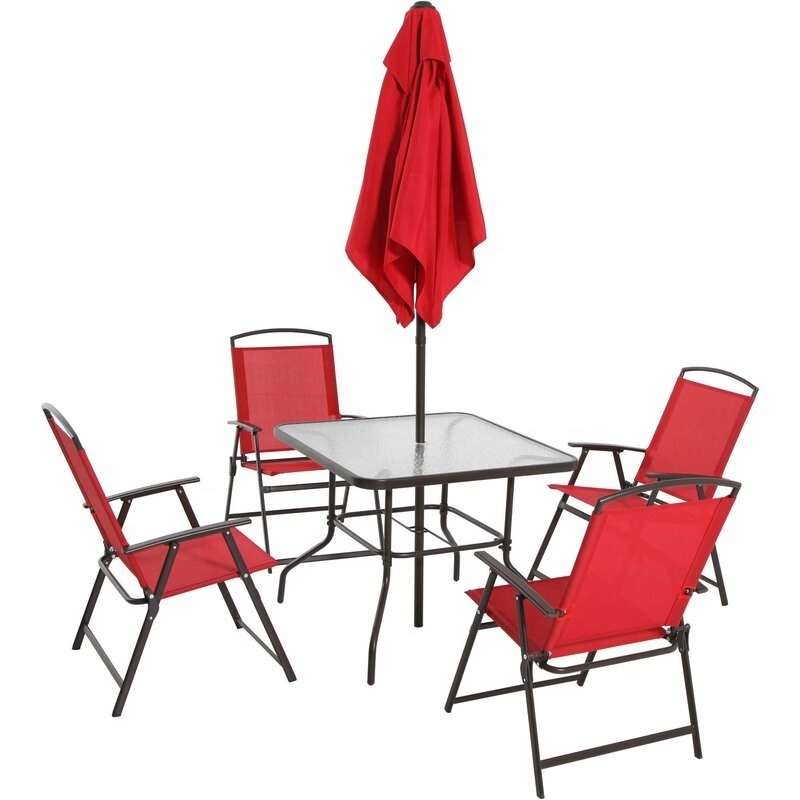 Outdoor Garden 6 Piece  Folding Chair and Table Dining Set with Patio Umbrella