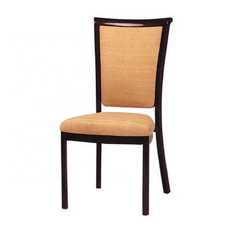 Modern beige fabric brown aluminium tubular imitated wood stacking dining chair upholstered with soft cushion