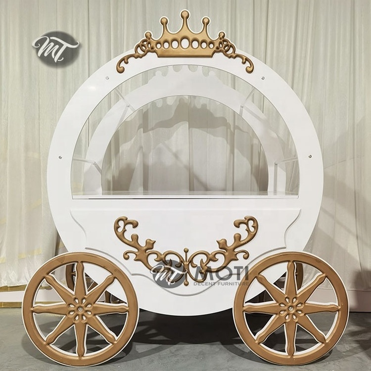 Mobile wedding party events display gold mirrored cake dessert candy cart with wheels