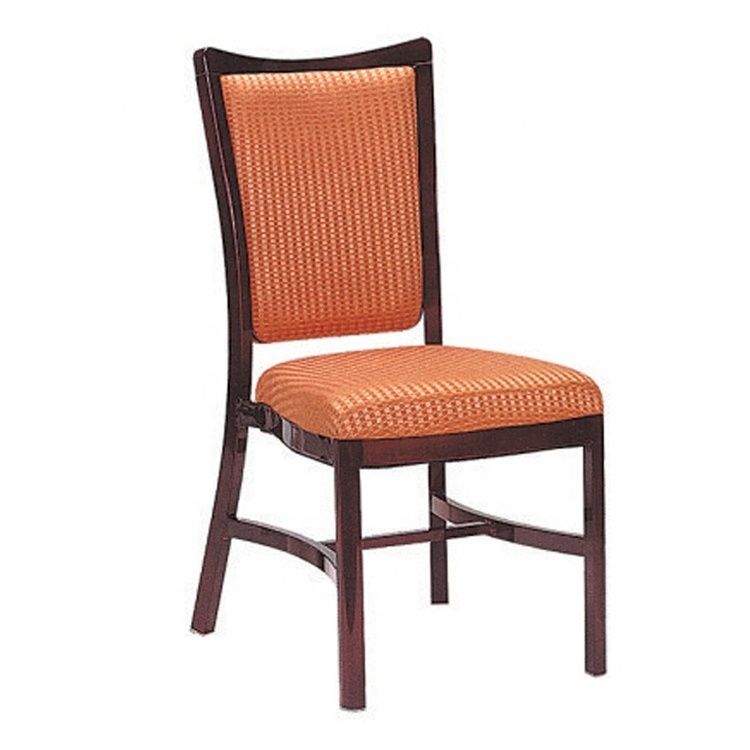 Modern beige fabric brown aluminium tubular imitated wood stacking dining chair upholstered with soft cushion