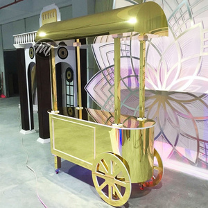 Mobile wedding party events display gold mirrored cake dessert candy cart with wheels