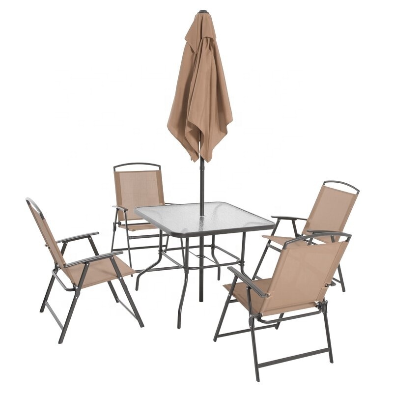 Patio Table Set 4 Sling Folding Chairs Dining Table & Umbrella Party Event Outdoor Garden Furniture Set